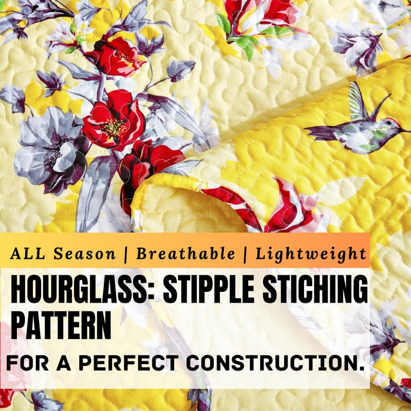 DaDa Bedding Radiant Sunshine Yellow Floral Bedspread Set - Hummingbirds Farmhouse Red Flowers Garden Quilted Coverlet - Scalloped Edges Bright Vibrant Multi-Colorful - Cal King - 3-Pieces - Image 4